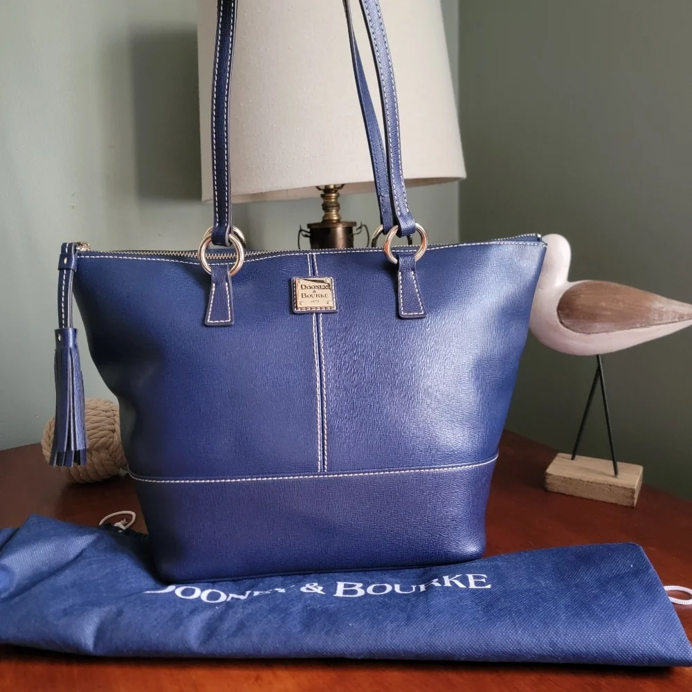 Dooney & Bourke Blue Saffiano Leather Top Zip Shopper Tote Bag